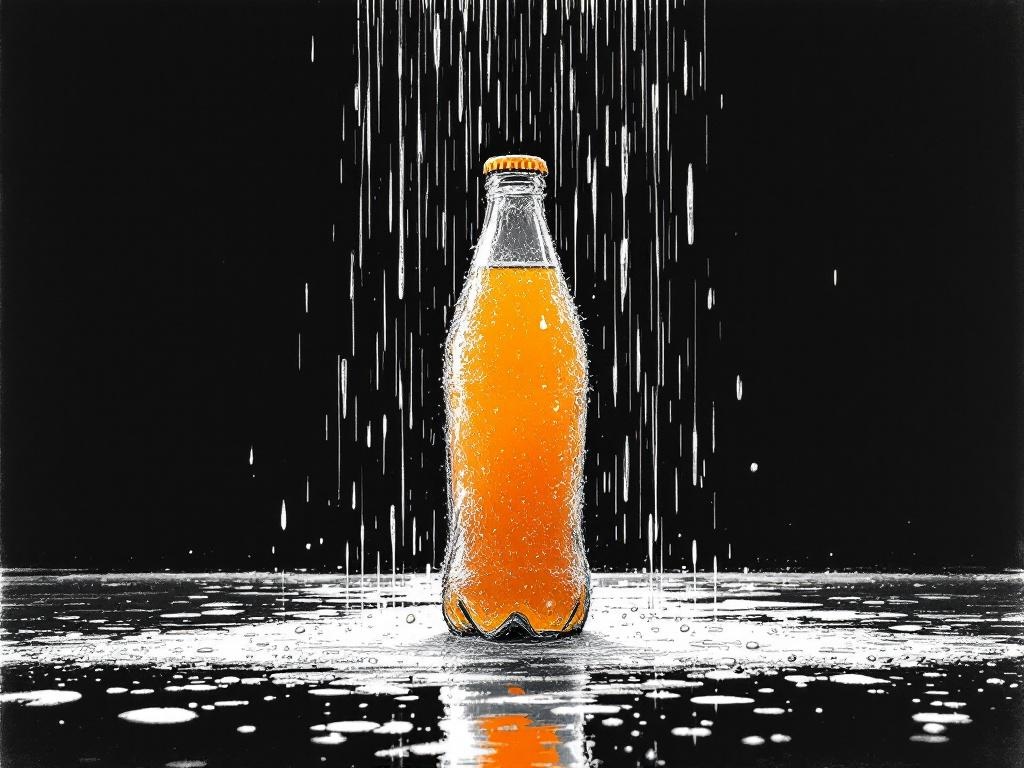 ECU · Bottle: Cold glass bottle, thick condensation, amber-orange contents glowing.