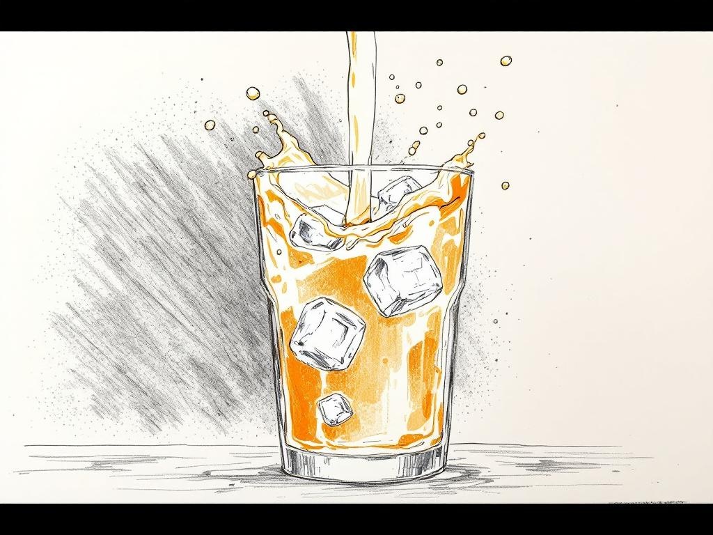 Macro · Pour: Amber-orange pour over ice cubes, bubbles rising, splash mid-motion.