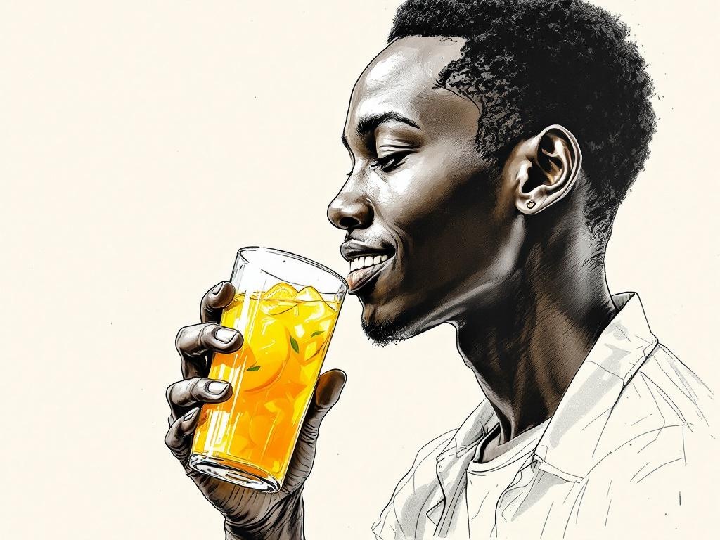 CU · Sip: Young Nigerian adult in side profile lifts the glass.