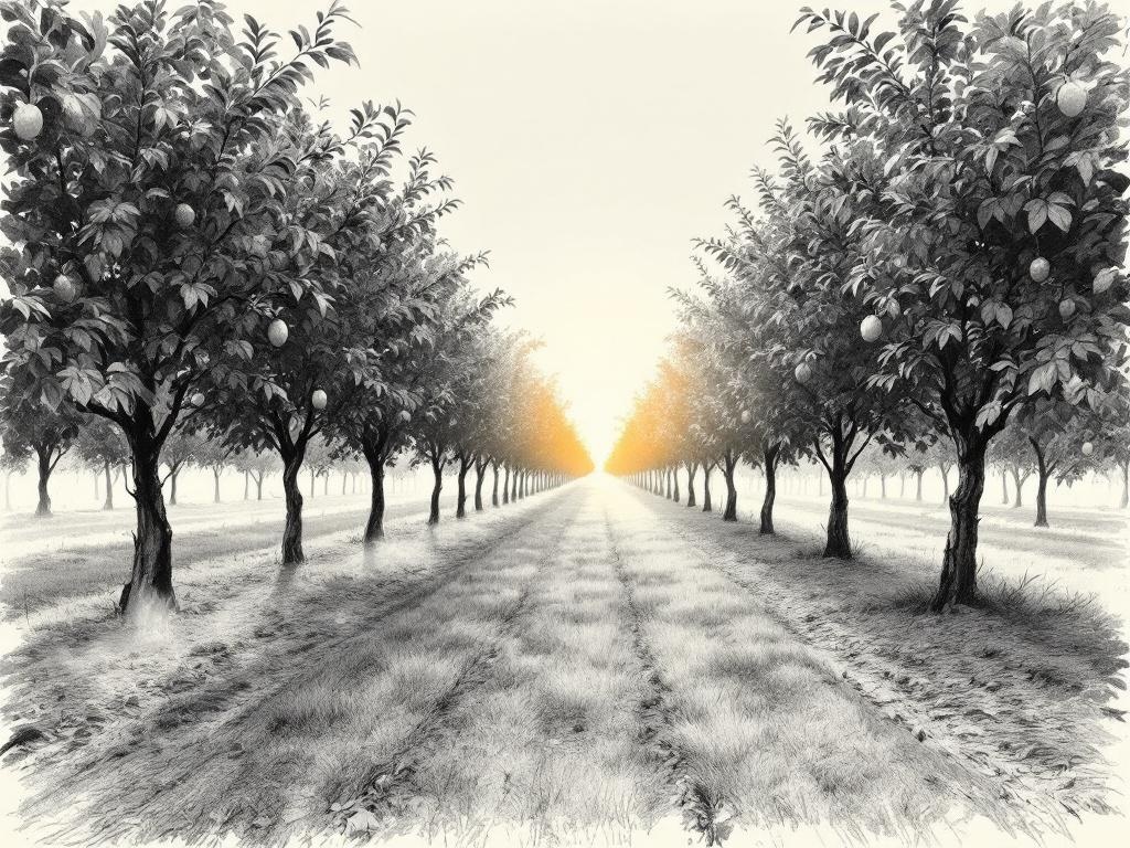 WS · Orchard: Wide establishing: mango orchard at golden hour, ripe mango catches warm amber light.