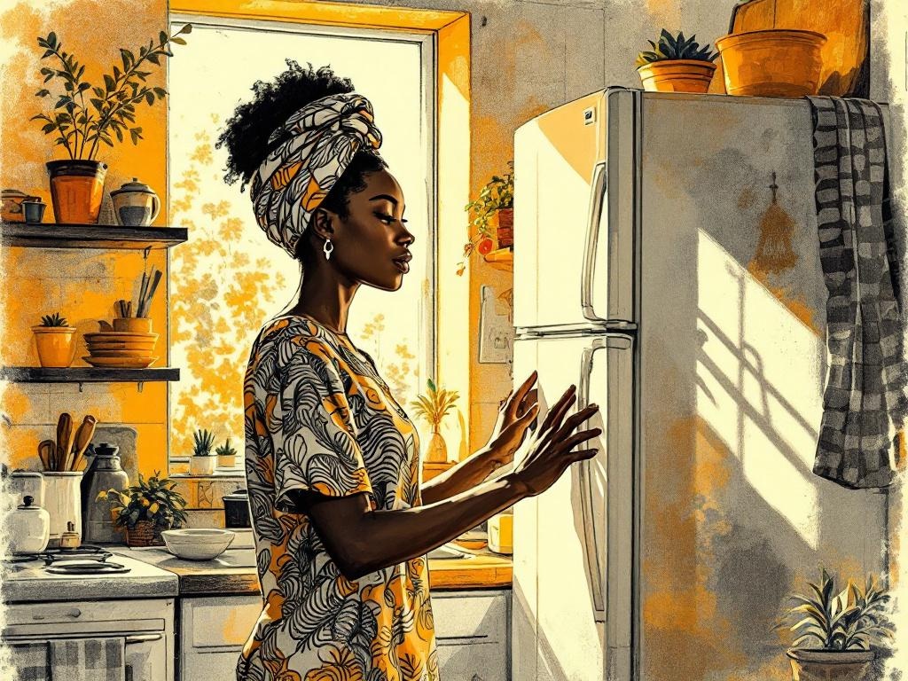 MS · Kitchen: Nigerian kitchen at morning, woman reaches into the open fridge.
