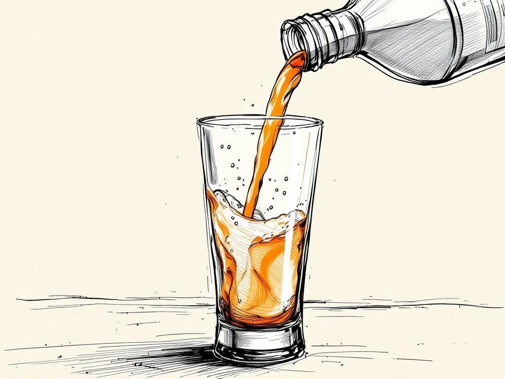 ECU · Pour: Cold bottle pours amber-orange into a tall glass, liquid frozen mid-stream.