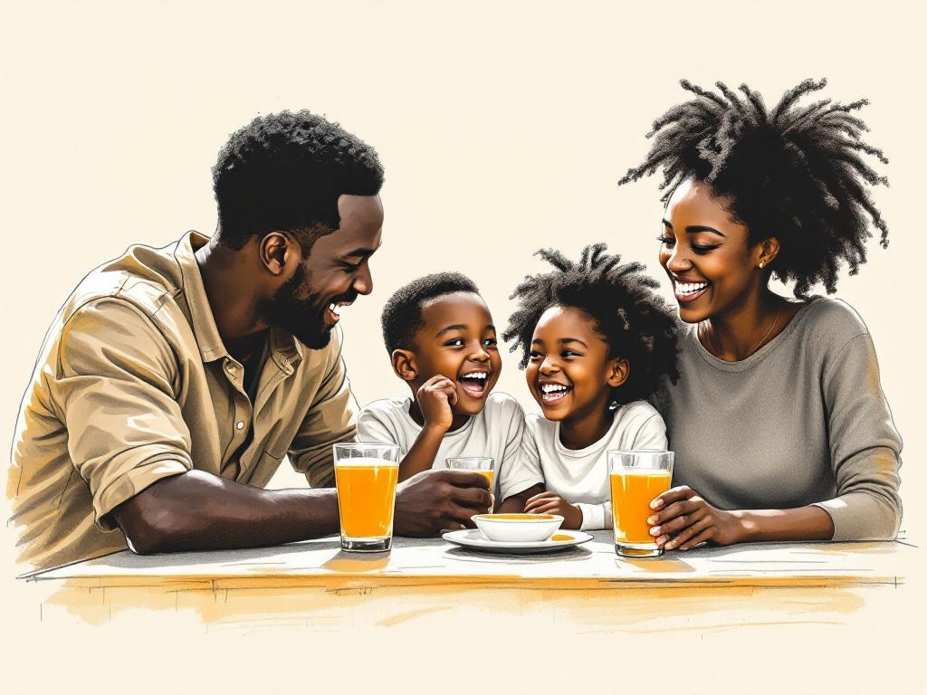 MS · Family: Family of four at the breakfast table, all laughing.