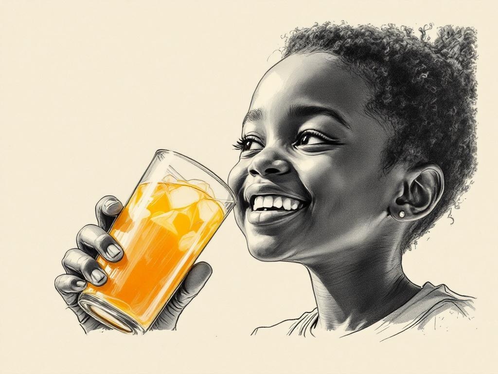 CU · Sip: Child's hands lift a glass of chilled mango drink toward a warm smile.