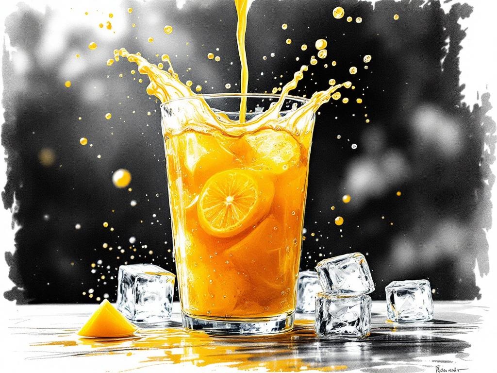Macro · Pour: Amber-orange pour, frozen mid-stream, outdoor light.