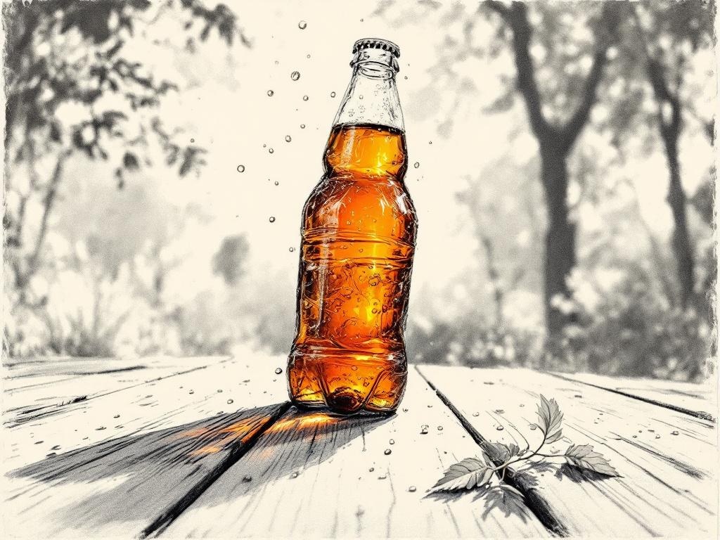 ECU · Outdoor bottle: Cold bottle on outdoor table, thick condensation, golden afternoon light.