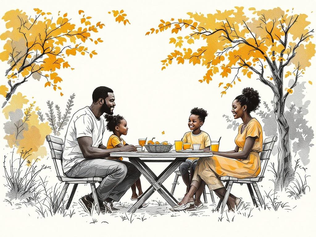 MS · Outdoor table: Backyard table, sun-dappled. Family setting moves outdoors.