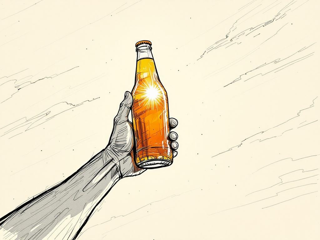 CU · Bottle hold: Bottle held against the sky, sun catching the label. Held longer.